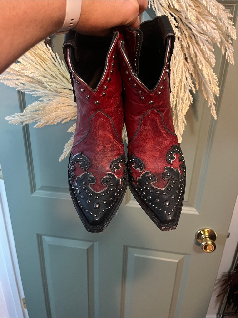 Old Gringo Studded Red and Black Western Ankle Boots - Picture 2 of 7